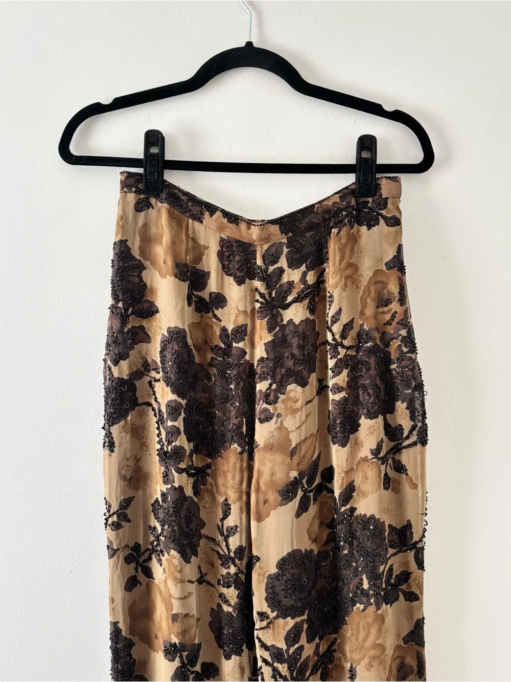 Vie Victoria Royal Vintage Silk Beaded Wide Leg Pants Side Zip Embellished Y2K